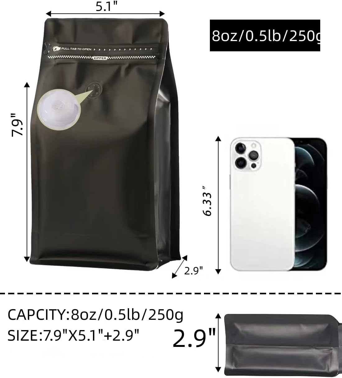 Coffee Bags with Valve Black High Barrier Aluminumed Foil Flat Bottom Heat Sealed Coffee Beans Packaging Bags