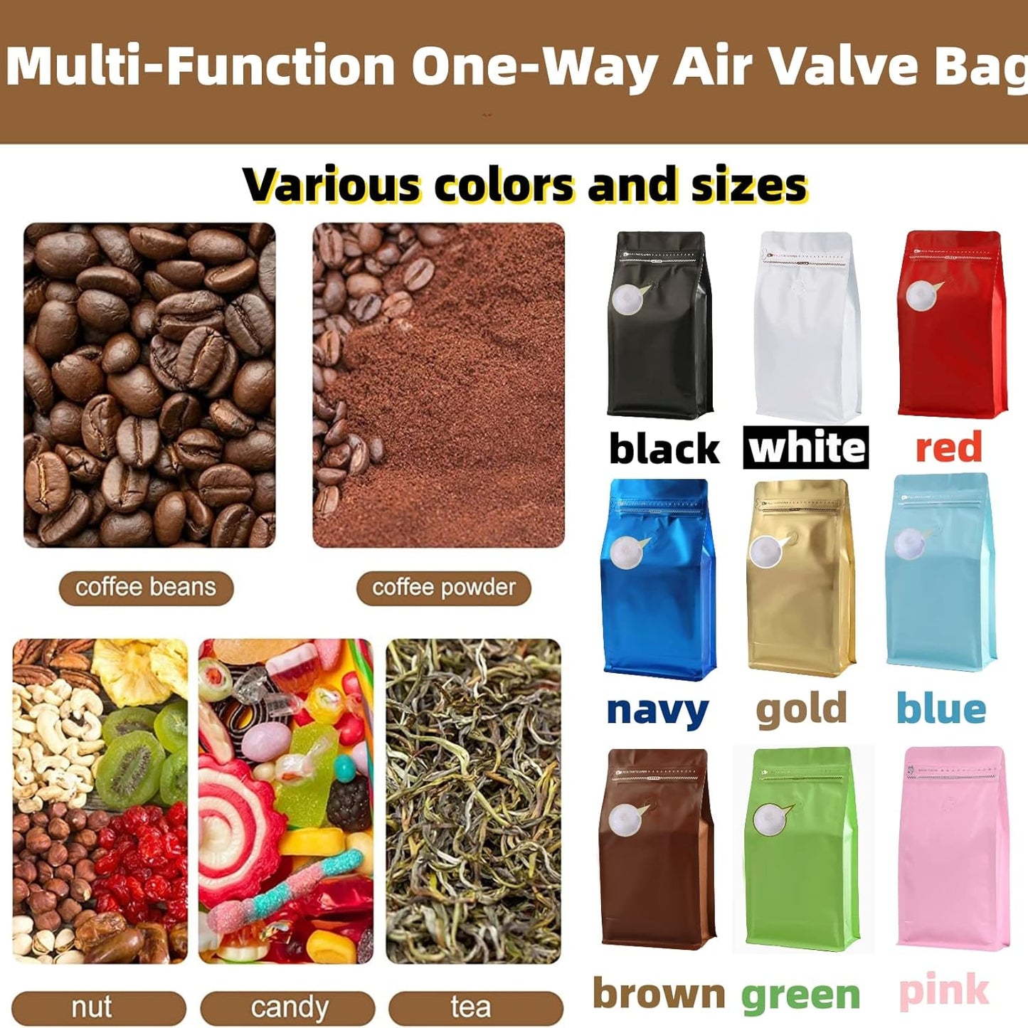 Coffee Bags with Valve Black High Barrier Aluminumed Foil Flat Bottom Heat Sealed Coffee Beans Packaging Bags