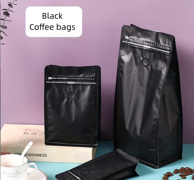 Coffee Bags with Valve Black High Barrier Aluminumed Foil Flat Bottom Heat Sealed Coffee Beans Packaging Bags